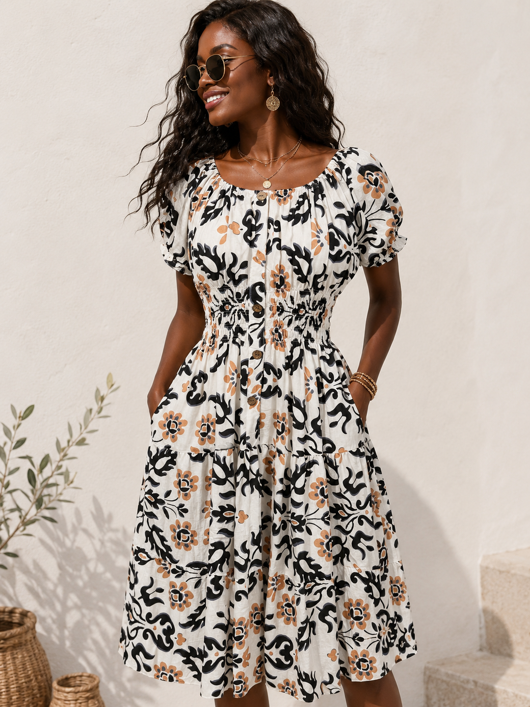 Azure Floral Midi Dress Black