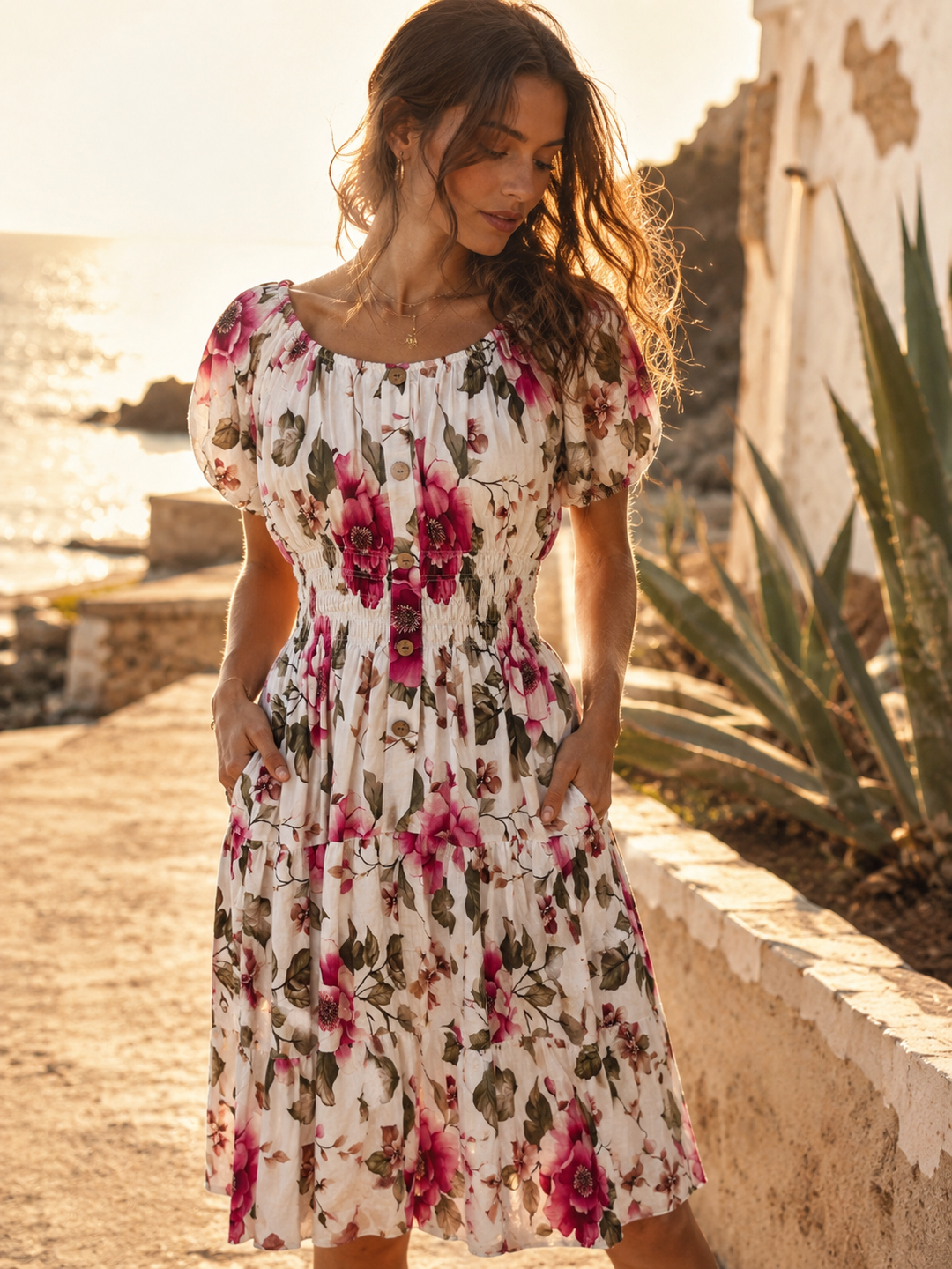 Peony Splash Midi Dress White