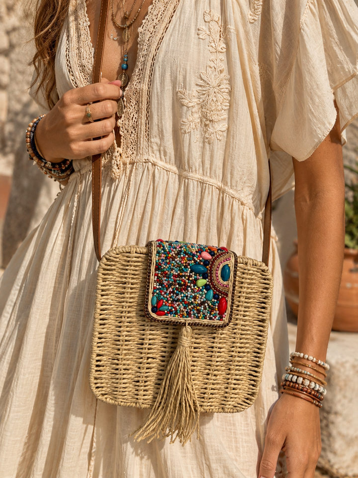 Bowie Beaded Woven Bag Tan