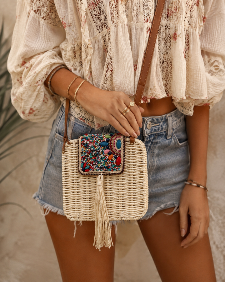 Bowie Beaded Woven Bag Cream