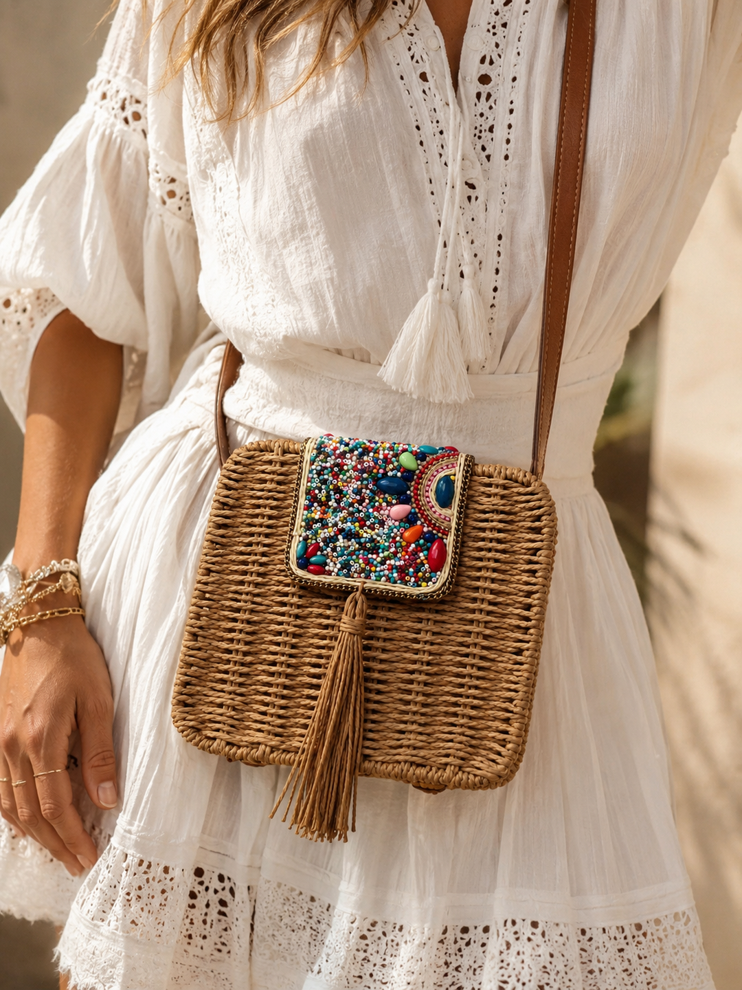 Bowie Beaded Woven Bag Beige