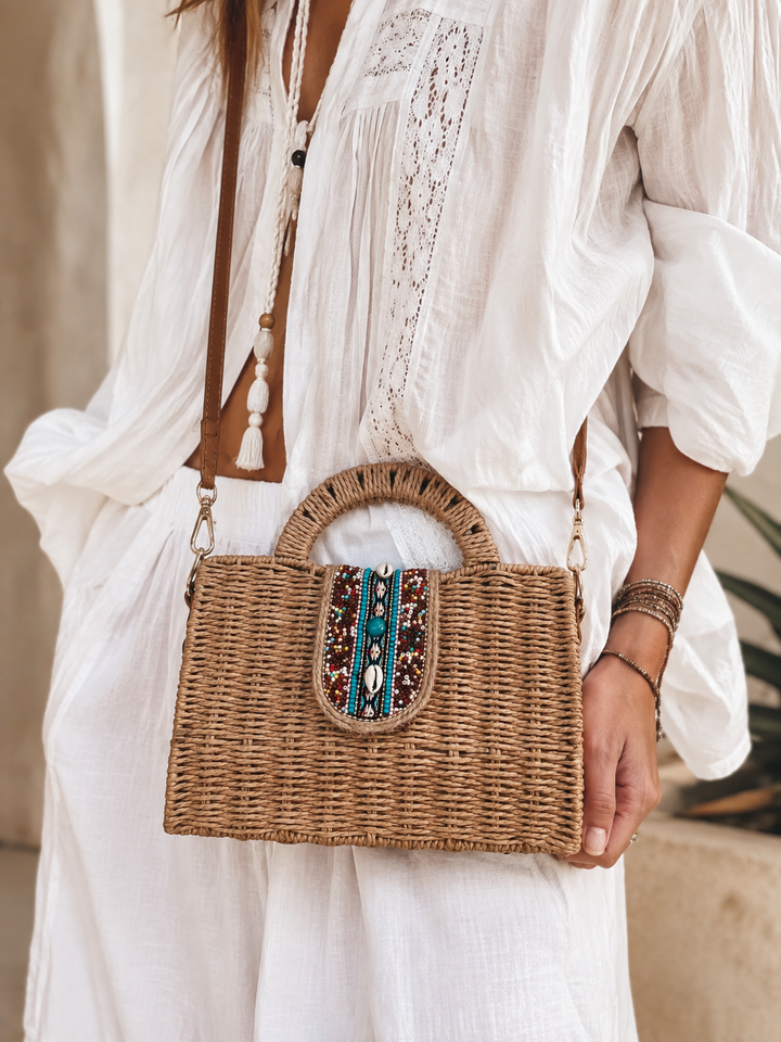 Bodhi Beaded Woven Bag Tan