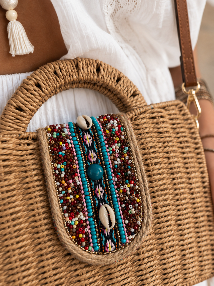 Bodhi Beaded Woven Bag Tan