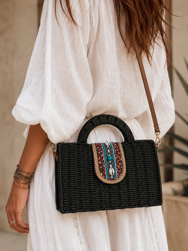 Bodhi Beaded Woven Bag Black
