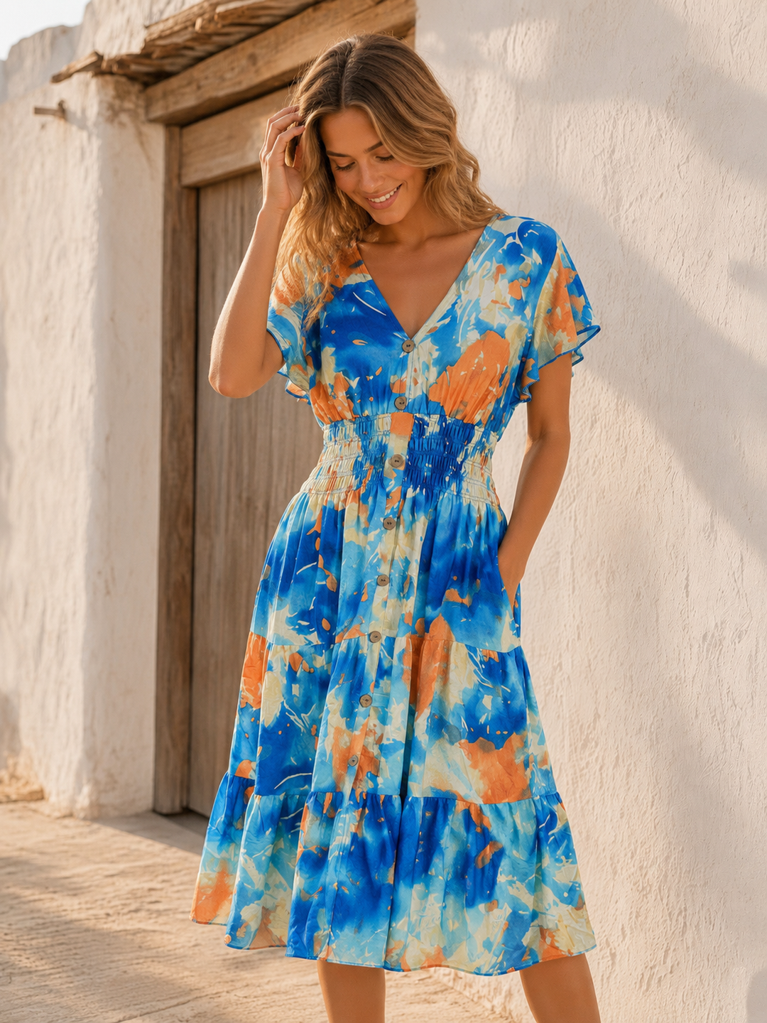 Marisol Shirred Midi Dress Blue