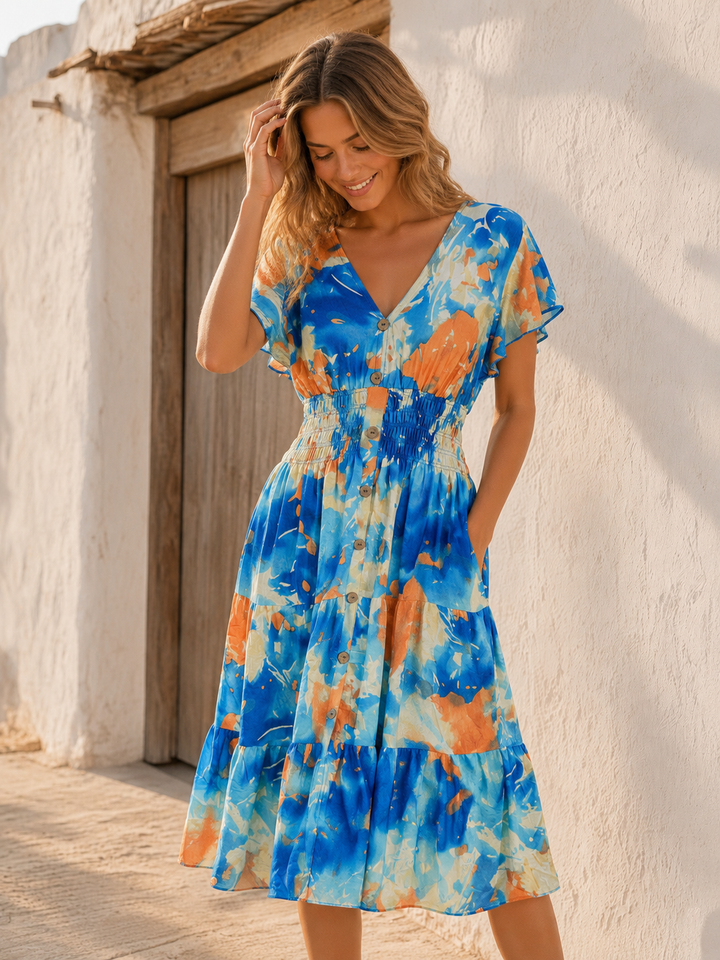 Marisol Shirred Midi Dress Blue