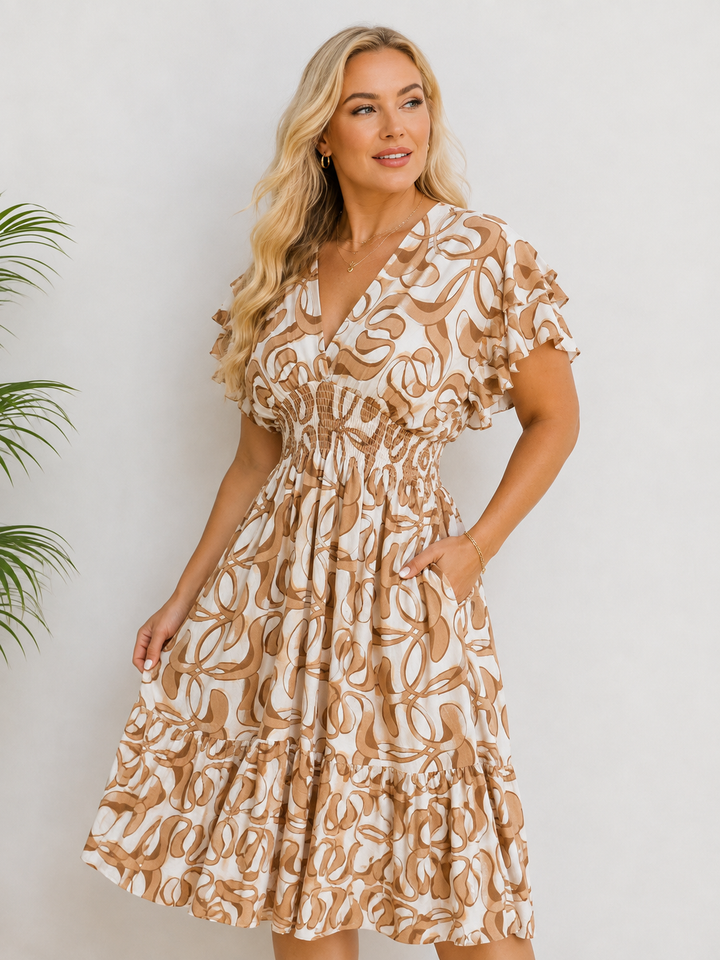 Adelina Abstract Swirl Midi Dress Toffee