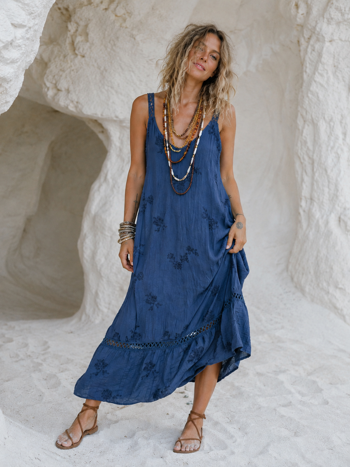 Christa Floral Crochet Trim Dress Navy