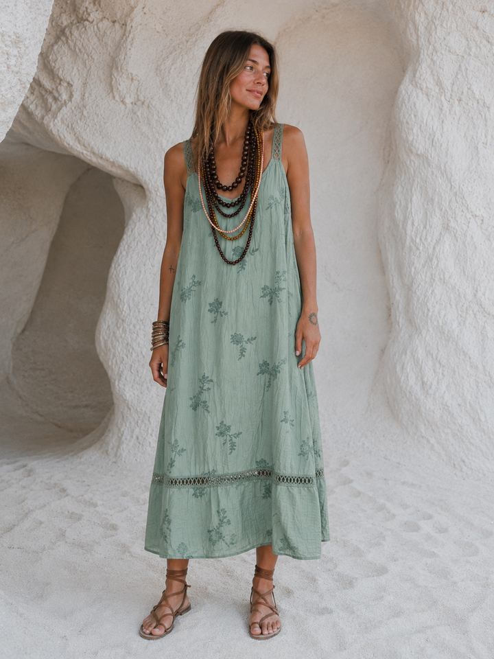 Christa Floral Crochet Trim Dress Sage
