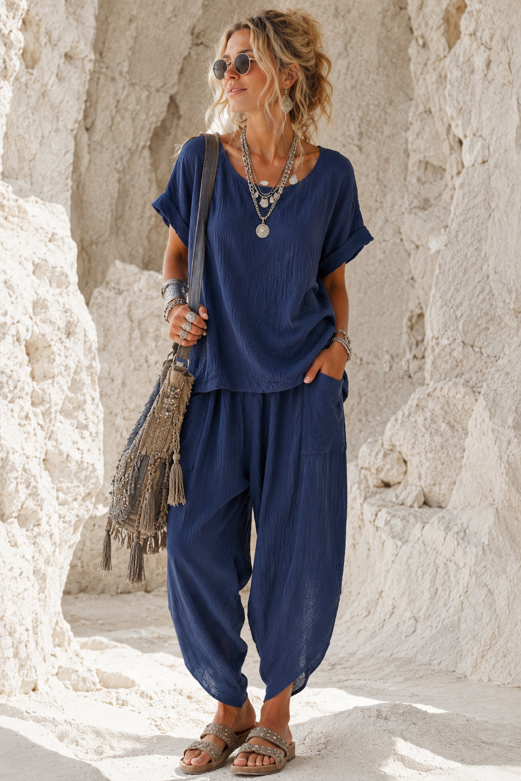 Havana Crinkle Trouser Co Ord Navy