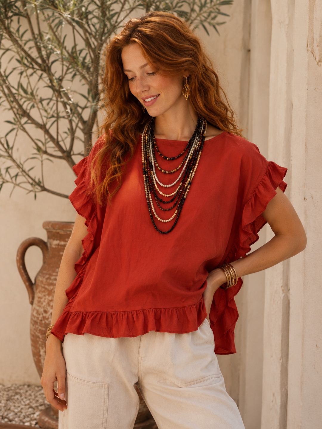 Falena Frill Top Terracotta
