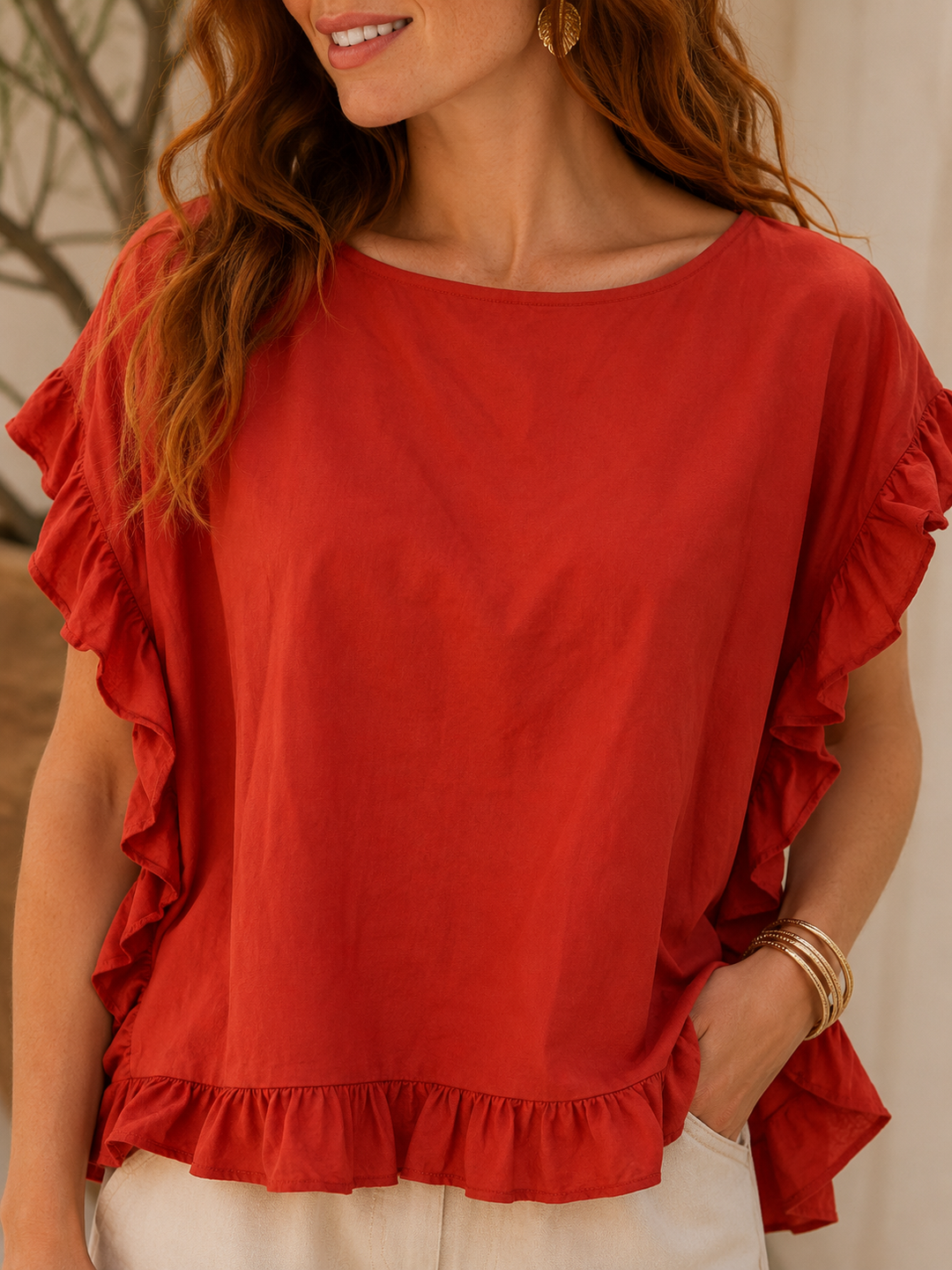 Falena Frill Top Terracotta