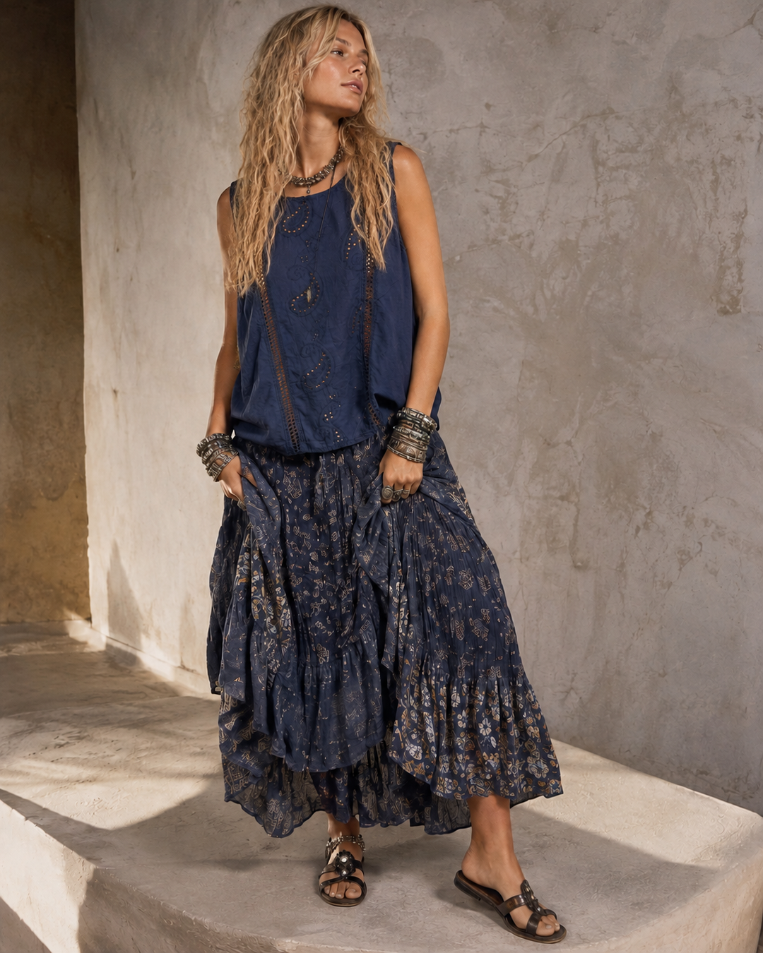 Adela Broderie Paisley Top Navy