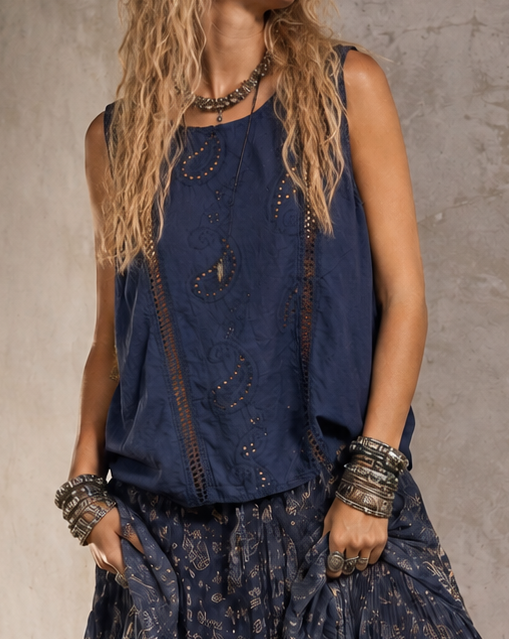 Adela Broderie Paisley Top Navy