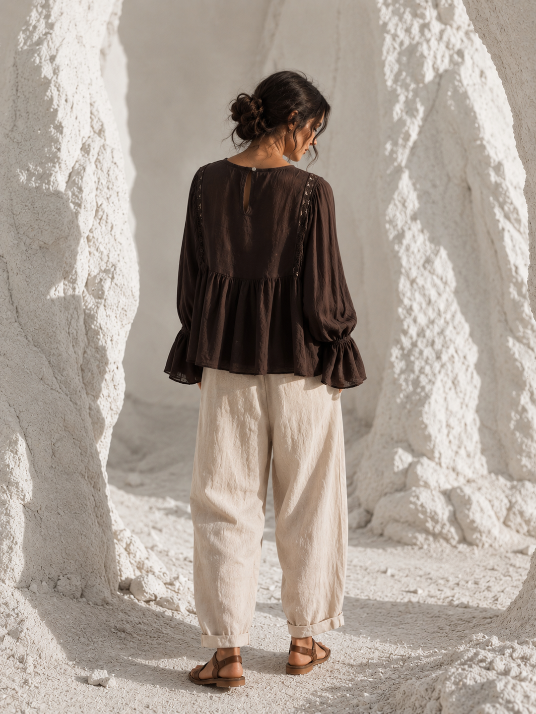 Rowena Boho Lace Detail Top Chocolate