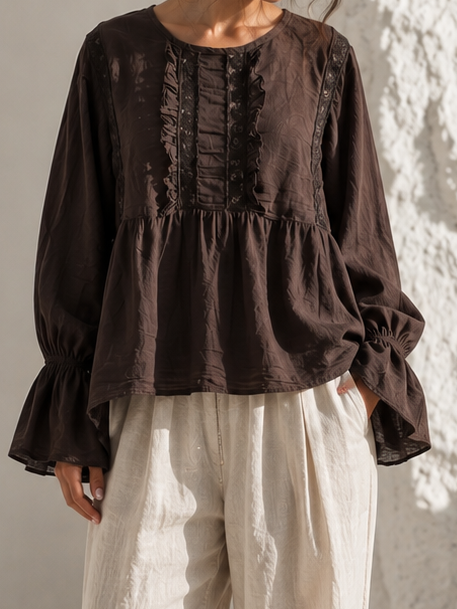 Rowena Boho Lace Detail Top Chocolate
