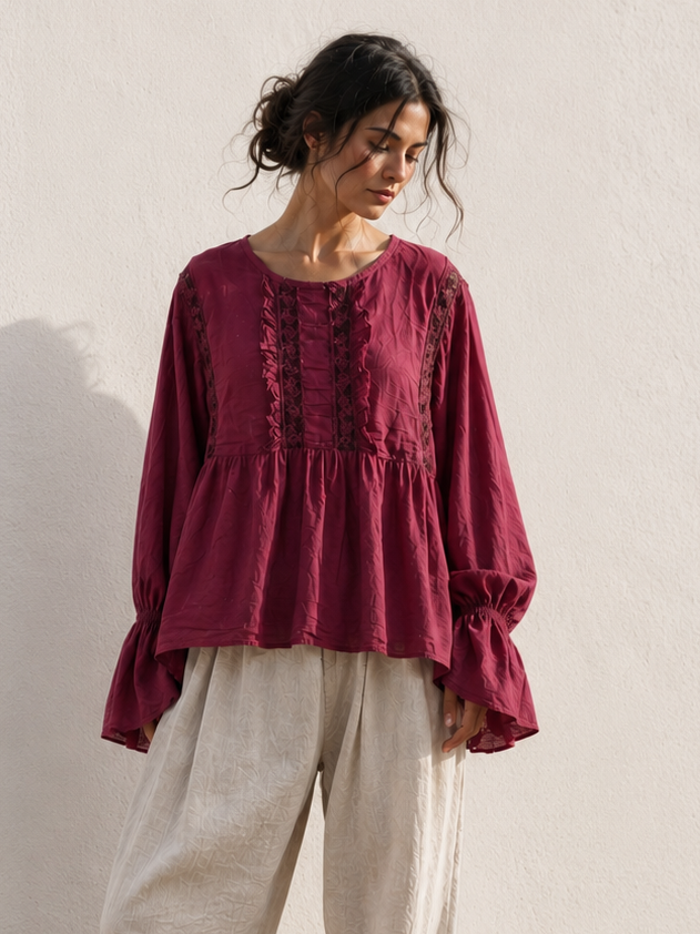 Rowena Boho Lace Detail Top Burgundy
