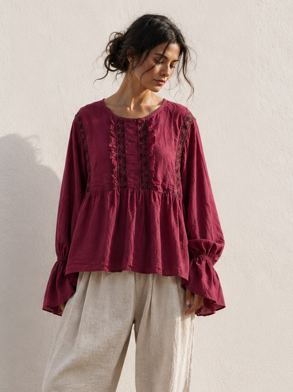 Rowena Boho Lace Detail Top Burgundy