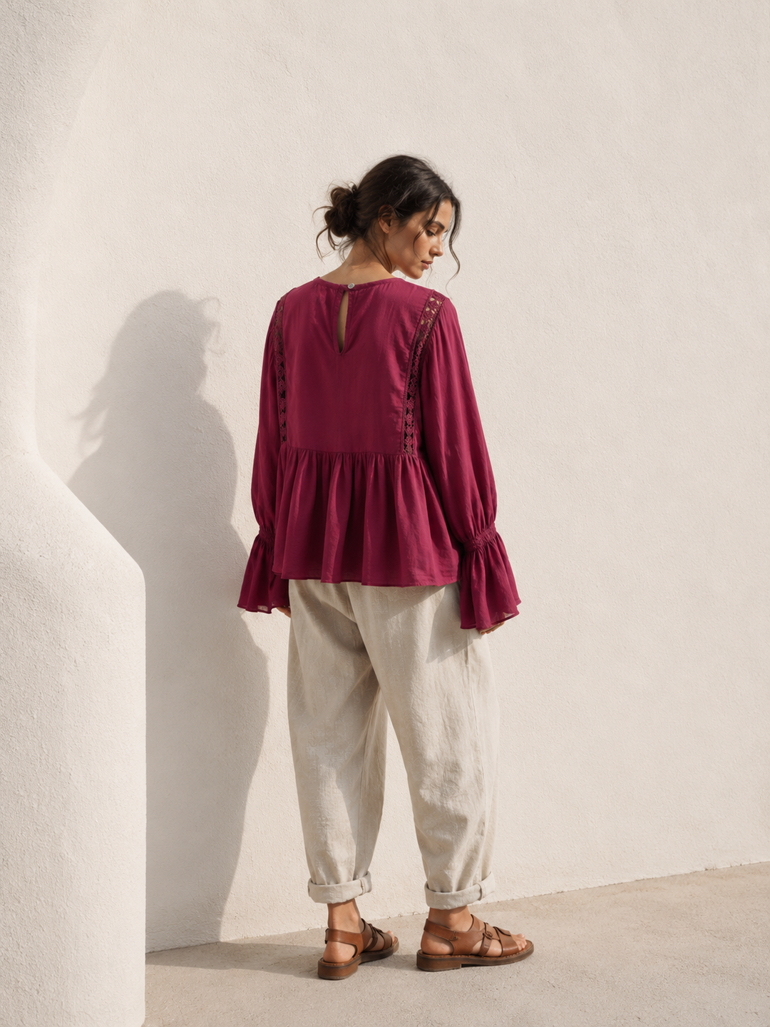 Rowena Boho Lace Detail Top Burgundy