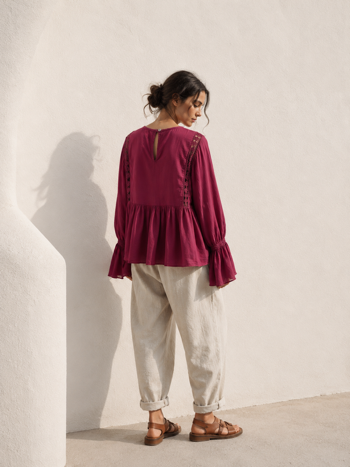 Rowena Boho Lace Detail Top Burgundy