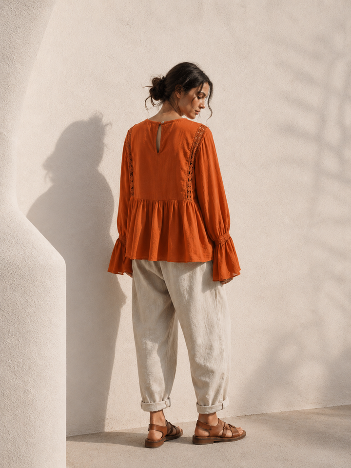 Rowena Boho Lace Detail Top Rust