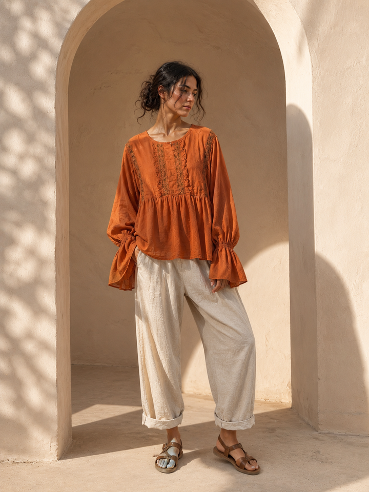 Rowena Boho Lace Detail Top Rust