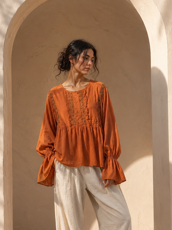 Rowena Boho Lace Detail Top Rust