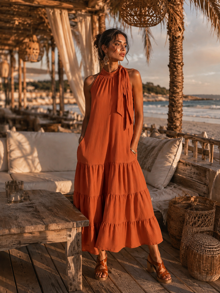 Kia Linen Halter Neck Dress Cinnamon