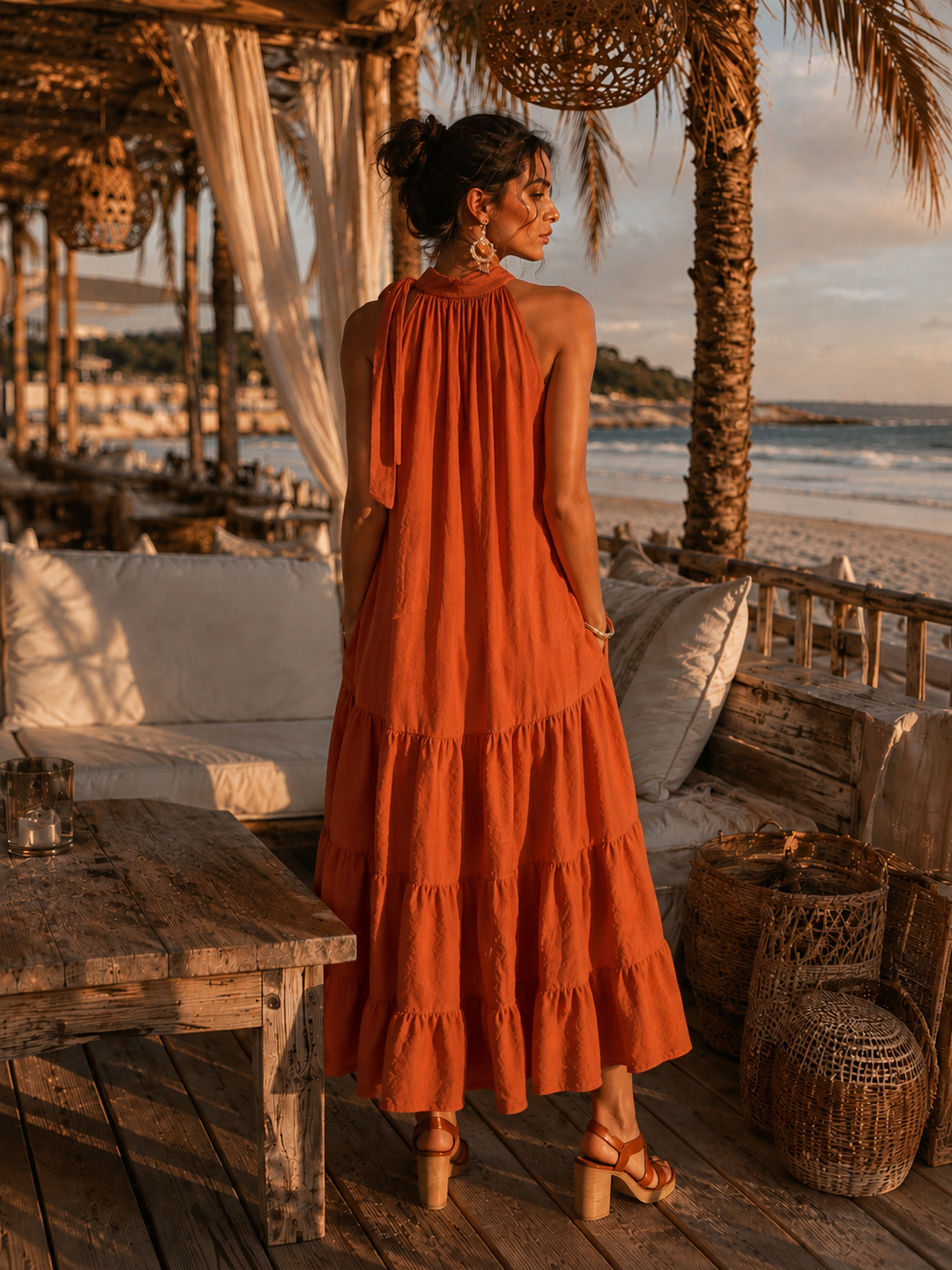Kia Linen Halter Neck Dress Cinnamon