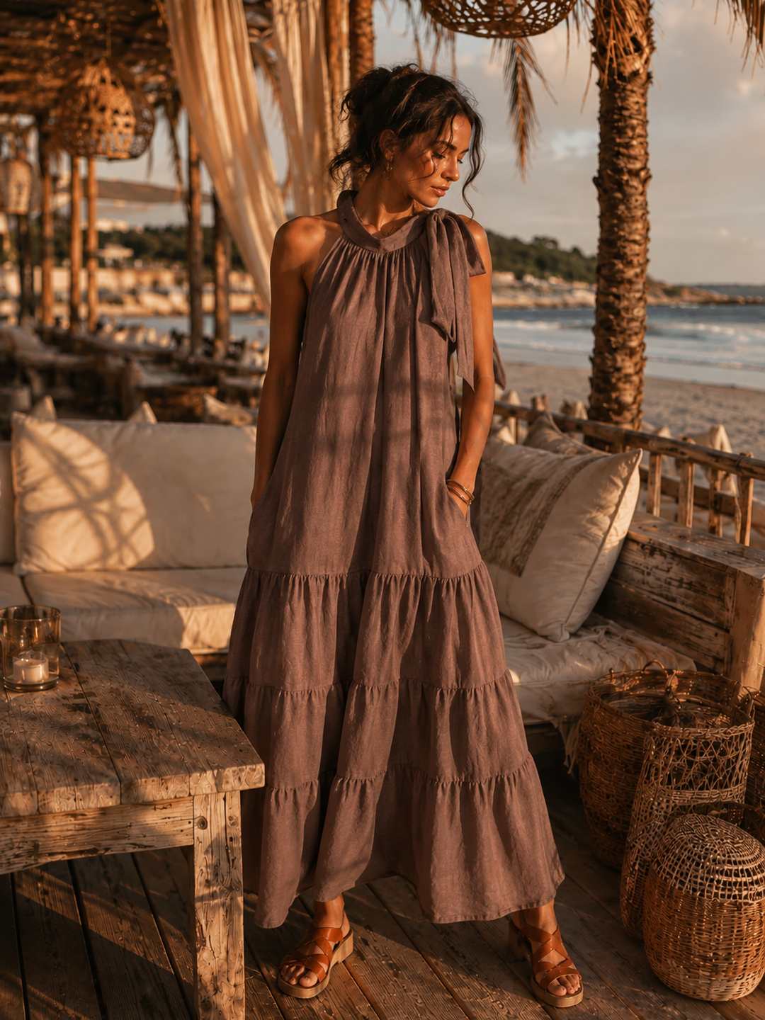 Kia Linen Halter Neck Dress Chocolate