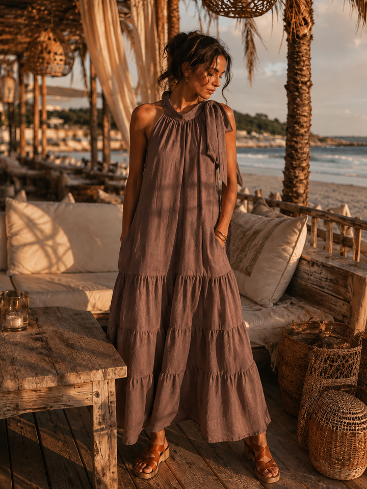 Kia Linen Halter Neck Dress Chocolate