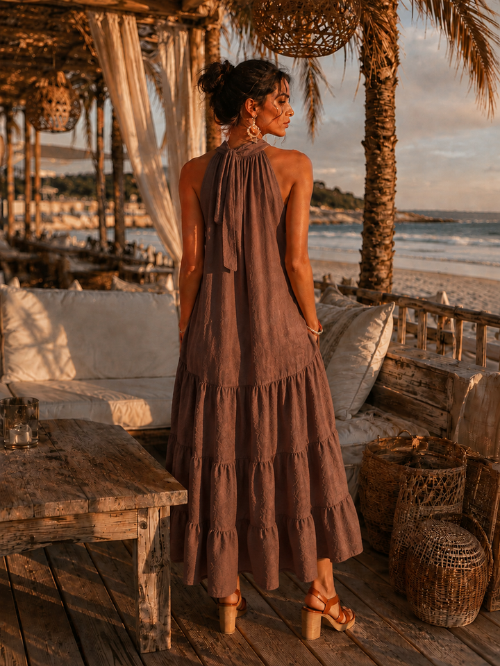 Kia Linen Halter Neck Dress Chocolate