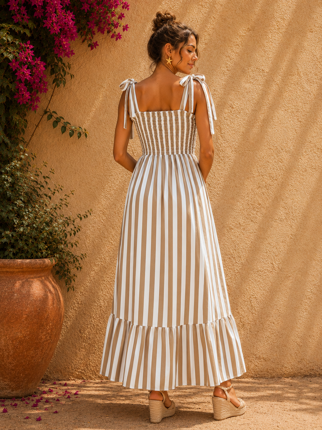 Bow Strap Stripe Dress Camel