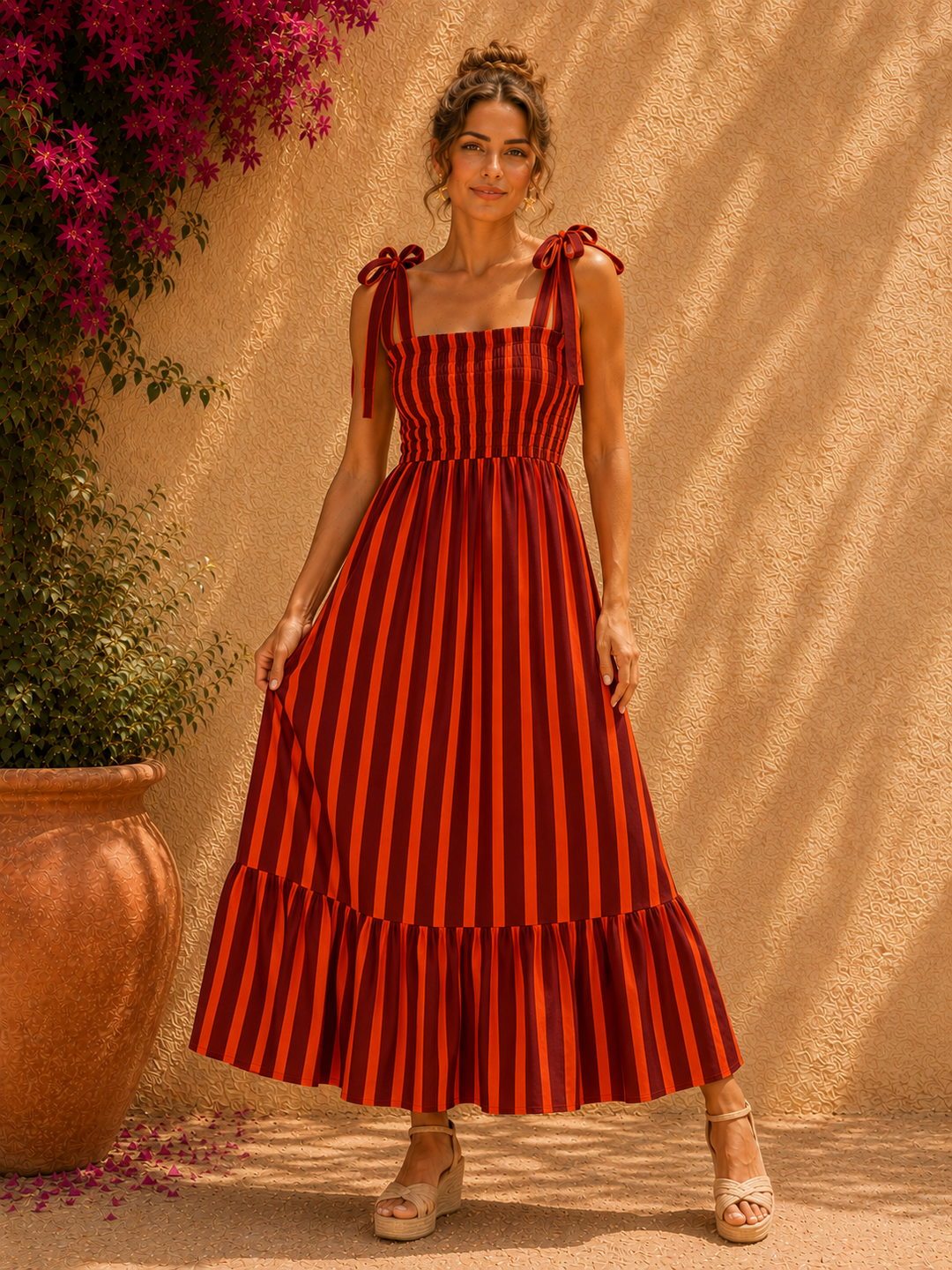Bow Strap Stripe Dress Orange
