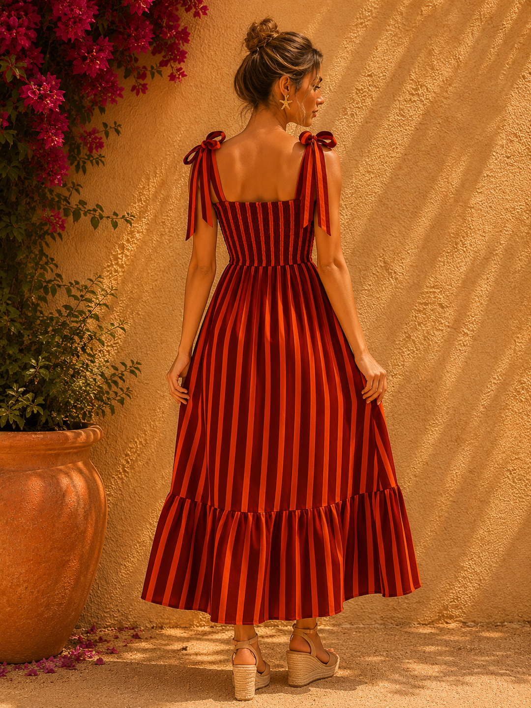 Bow Strap Stripe Dress Orange