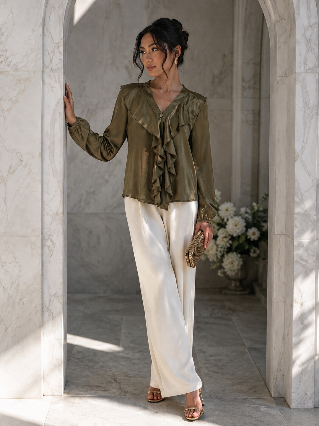 Keiko Silky Ruffle Shirt Golden Olive