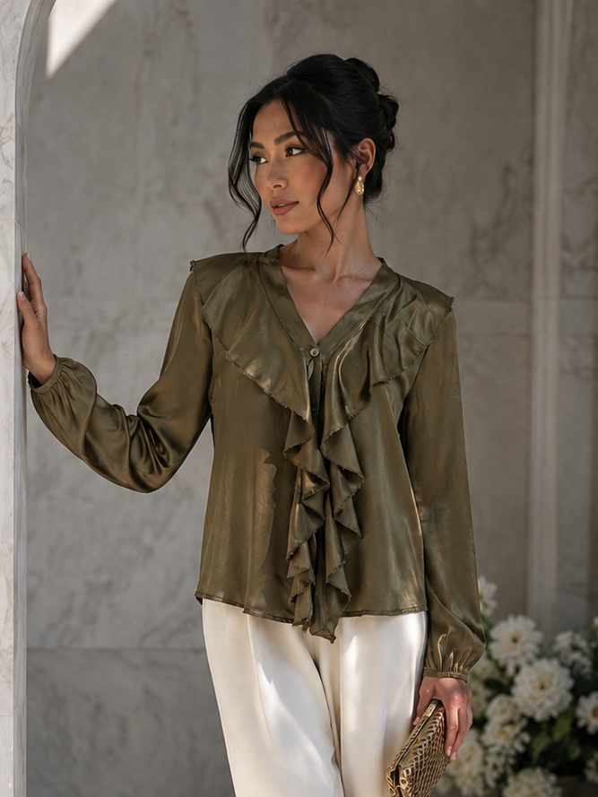 Keiko Silky Ruffle Shirt Golden Olive