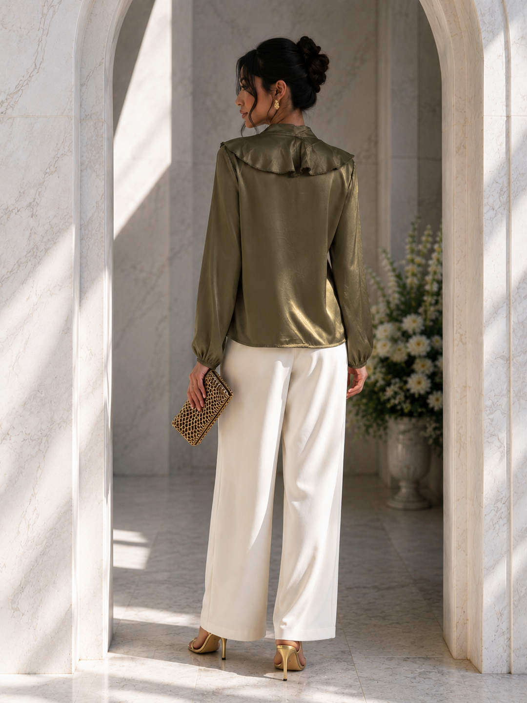 Keiko Silky Ruffle Shirt Golden Olive