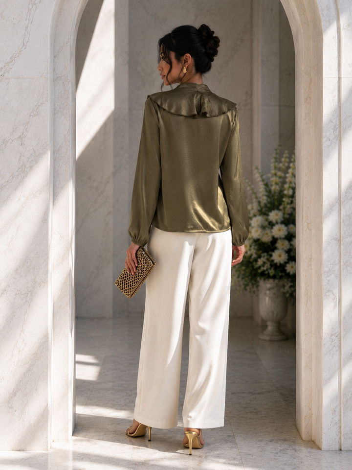 Keiko Silky Ruffle Shirt Golden Olive