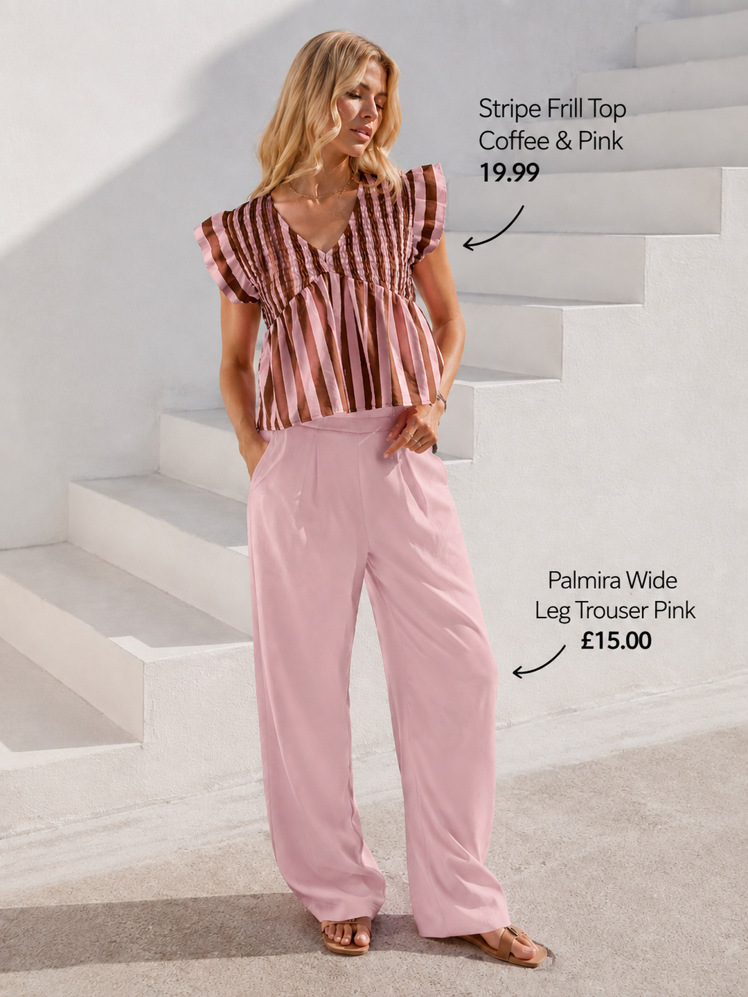 Stripe Frill Top Coffee & Pink