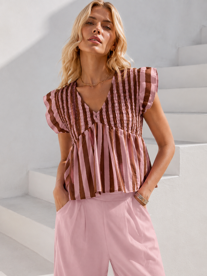 Stripe Frill Top Coffee & Pink