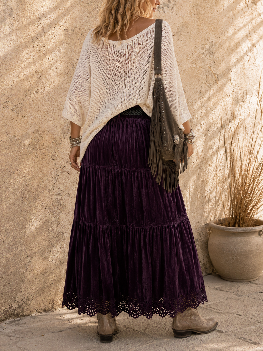 Zola Boho Velvet Skirt Aubergine