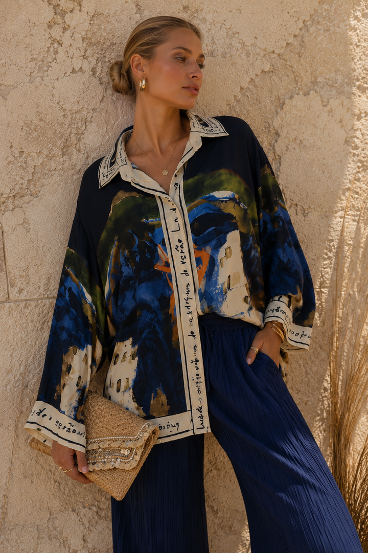 Long Tuscan Print Blouse Navy