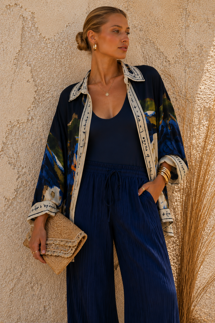 Long Tuscan Print Blouse Navy