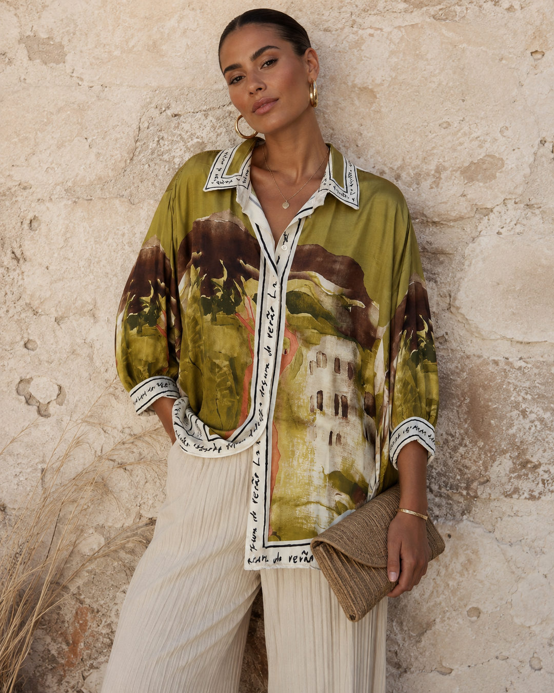 Long Tuscan Print Blouse olive