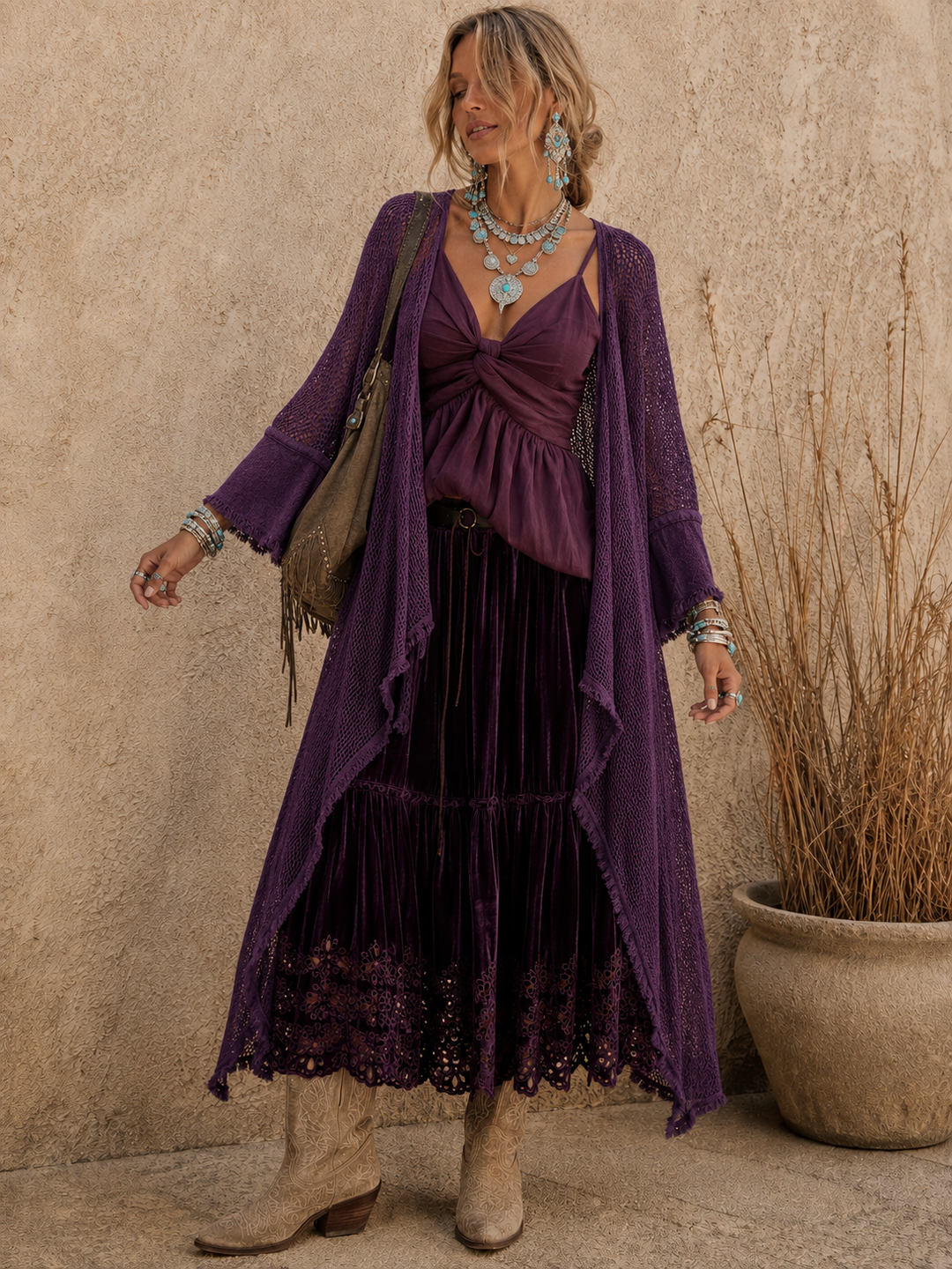 Mesh Waterfall Cardigan Damson