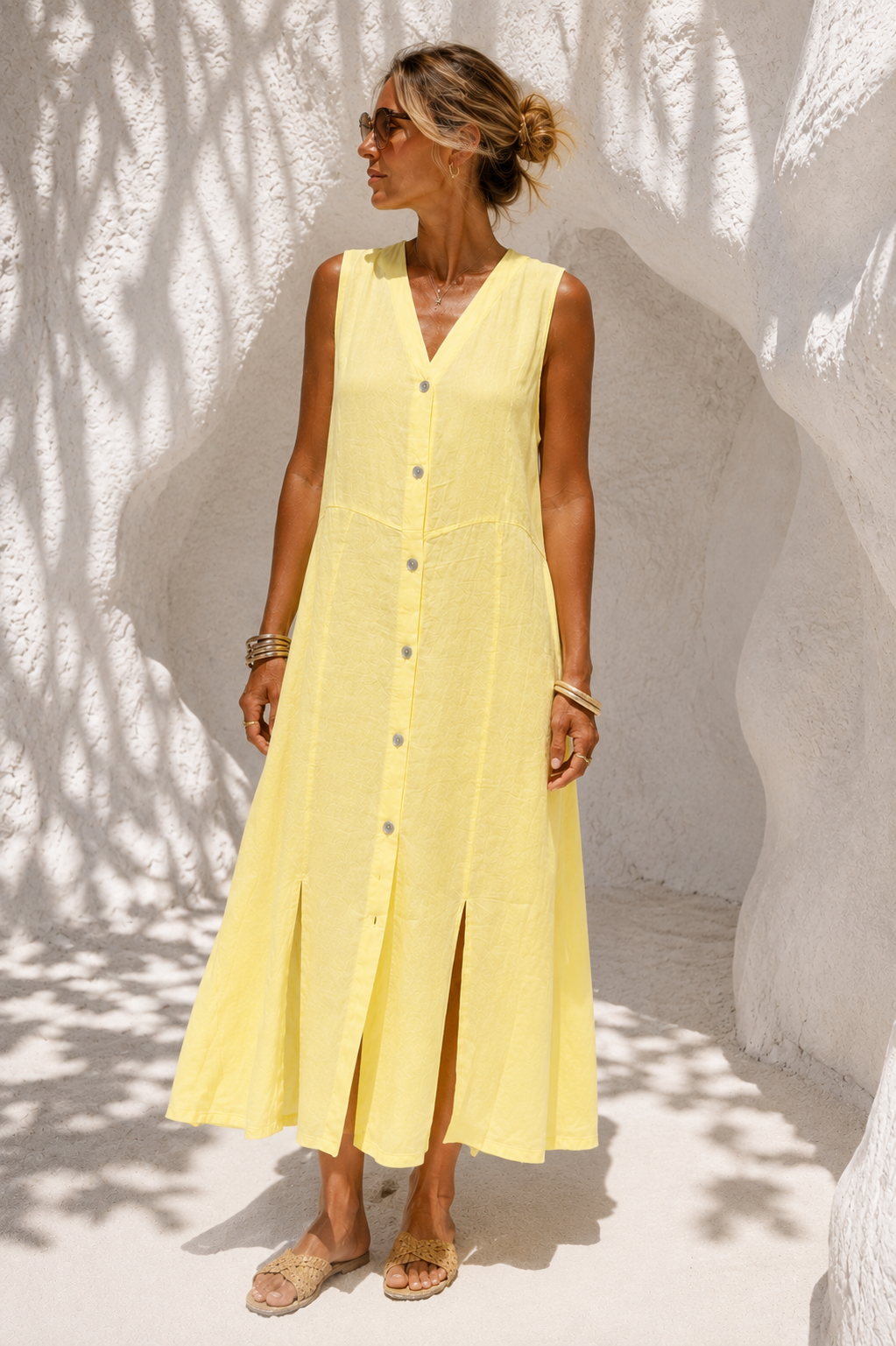 Nisha Linen Button Dress Lemon