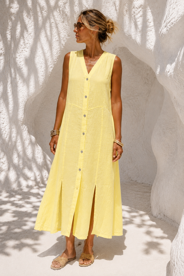 Nisha Linen Button Dress Lemon