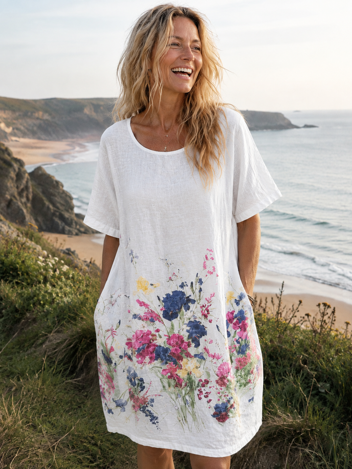 Summer Bloom Linen Tunic Dress White