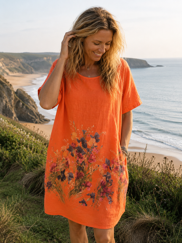 Summer Bloom Linen Tunic Dress Orange